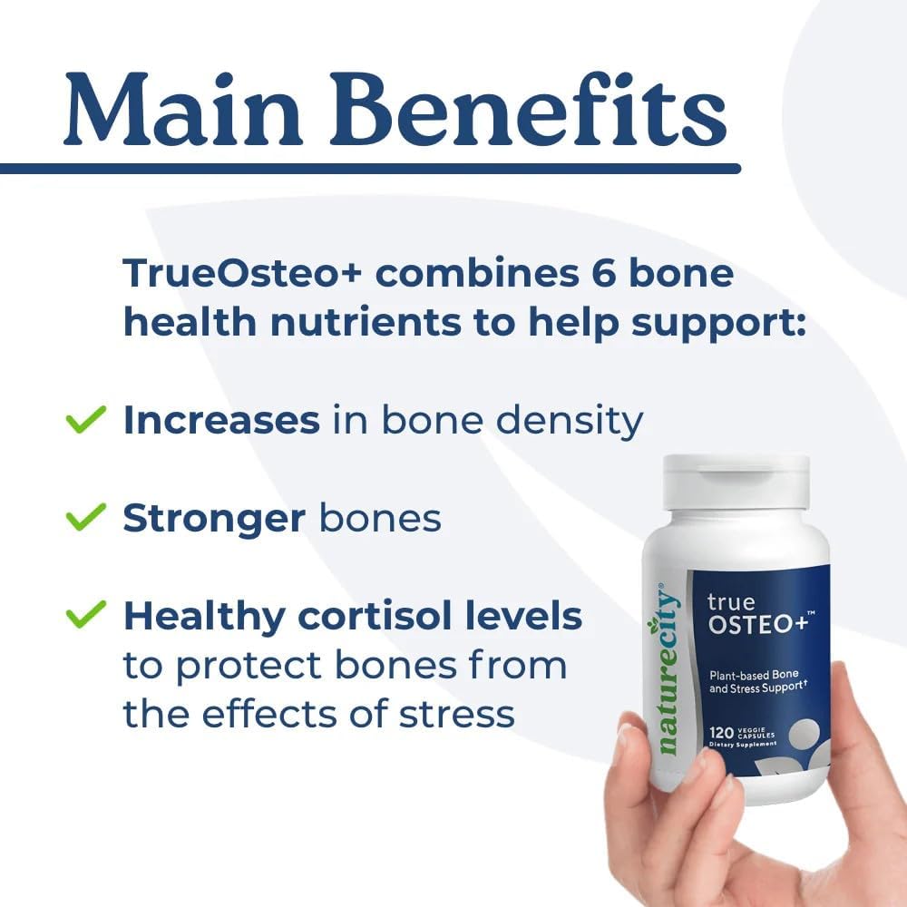 NatureCity True-Osteo Bone Support Supplement – Plant-Based Formula with AlgaeCal Calcium, Magnesium, Vitamin D3, K2 & Silicon | Gentle on Stomach (120 Veggie Capsules)