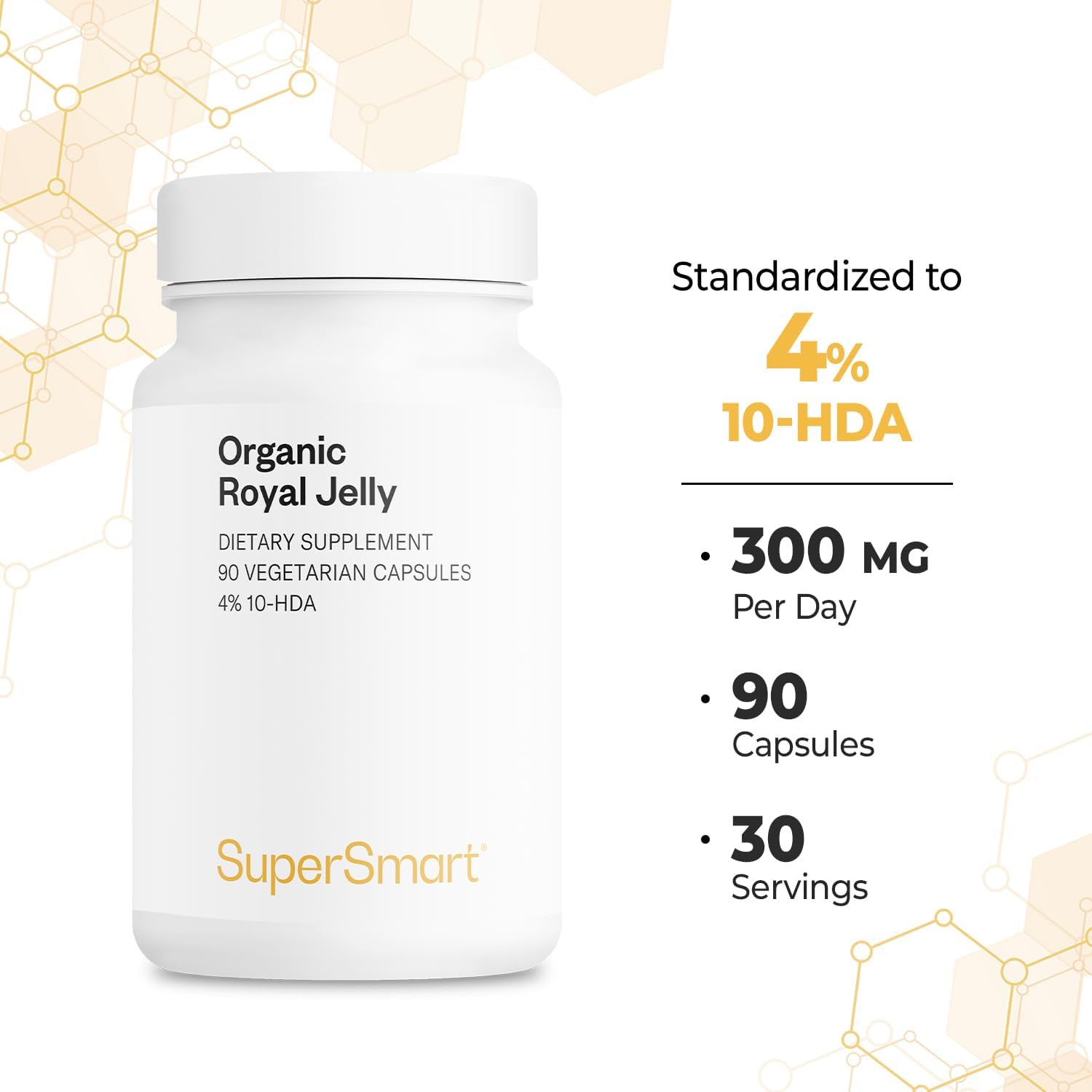 Supersmart - Organic Royal Jelly 300mg per Day (High Strength 4% 10-HDA) - Freeze-Dried Fresh Royal Jelly Supplement | Non-GMO & Gluten Free - 90 Vegetarian Capsules