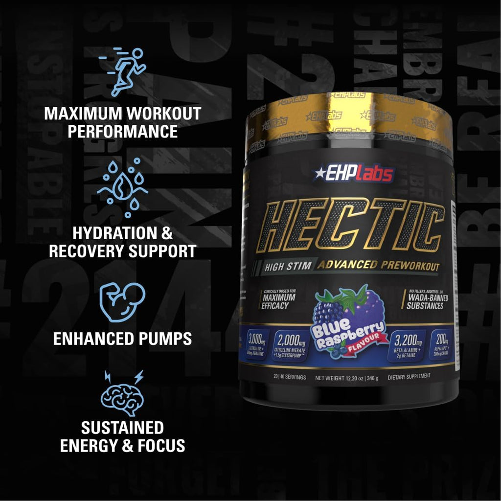 EHP Labs Hectic PreWorkout - High Stim Advanced Pre Workout Powder for Max Performance - Caffeine, Beta Alanine, Coconut Water - Energy, Pump, Recovery & Hydration - 40 Serves (Blue Raspberry)