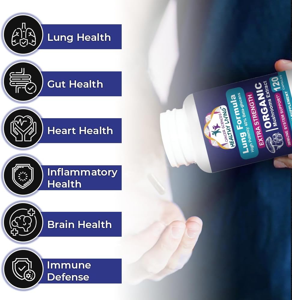 CANCER SCIENCES Lung Health & Wellness Supplement, USDA Certified Organic Mushrooms Extract, 1,500 mg Extra Strength, High Potency 40% Beta-Glucans, Immune Support, Healthy Lungs Booster, 120 Capsules