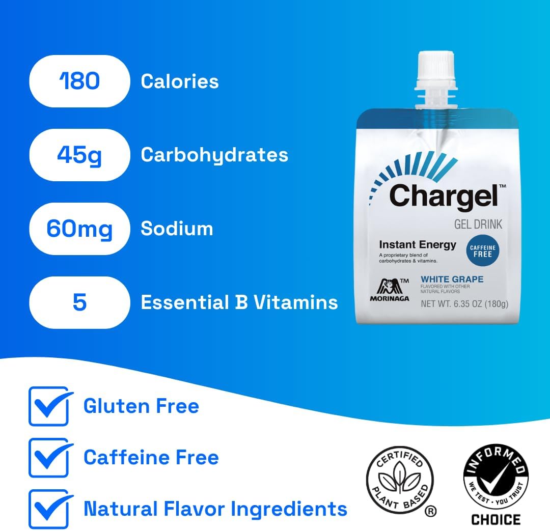 White Grape, Caffeine-Free Instant Energy Gel Running, Biking, Workout, Hiking Essentials for Women & Men, Gifts for Runners - Carbs Vitamins, Gluten Free - Pack of 6 Gels - 6.35oz Each