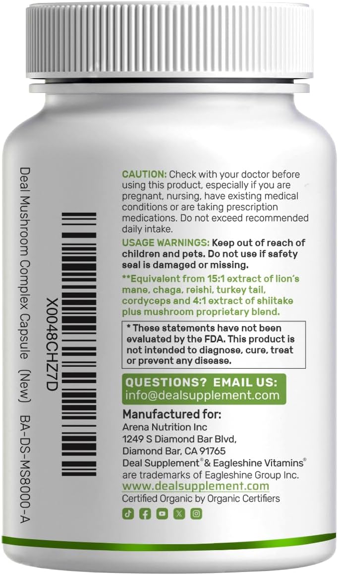 Organic 10-in-1 Mushroom Supplement, 240 Capsules – Lions Mane, Turkey Tail, Reishi, Cordyceps & More Mushroom Complex – Immune, Energy & Nootropic Brain Support – Non-GMO