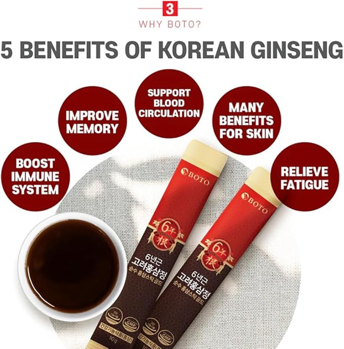 BOTO 6 Year Korean Red Ginseng Extract Pure Stick Gold | Premium Korean Ginseng Supplement for Daily Vitality | 30 Sachet