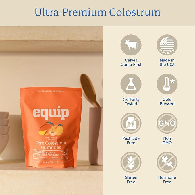 Equip Foods Core Bovine Colostrum Gummies, Delicious 1g Per Seving Grass Fed Colostrum Supplement - Gut Health, Immunity, Recovery, Hair & Skin - 60 Bovine Colostrum Gummies, 30 Servings, Peach Mango