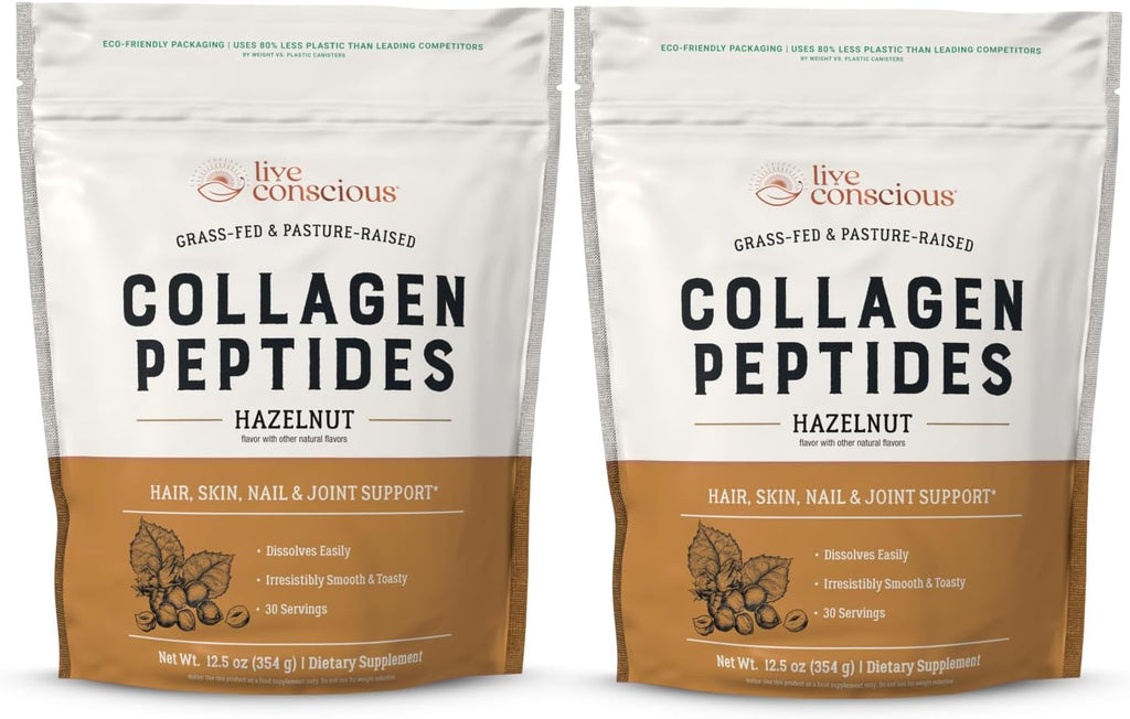 Live Conscious Collagen Peptides Powder - Hazelnut Collagen Powder - Hair, Skin, Nail, & Joint Support - Type I & III Grass-Fed Collagen Supplements for Women and Men - 30 Servings (2-Pack) - 12.4oz