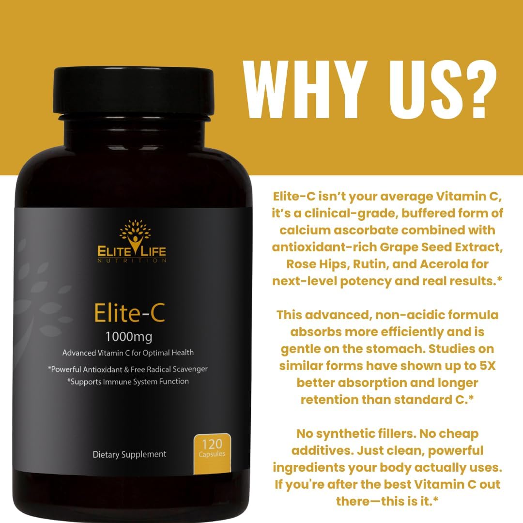 Elite-C – 1000mg of Pure, Non-Acidic Vitamin C – Buffered, High-Absorption, USA-Sourced & Made – Grape Seed, Rosehip, Rutin, Acerola – Clean, Non-GMO, Bioavailable Immune Support, 120 Capsules