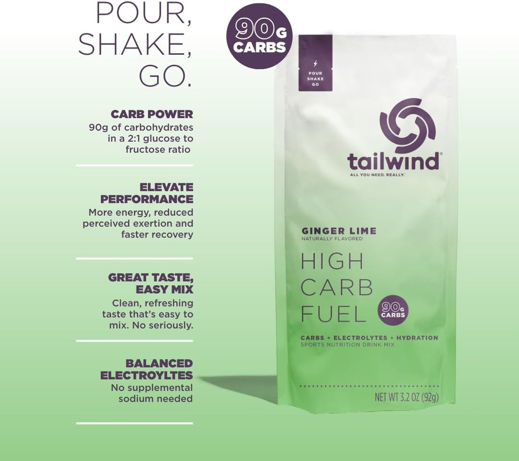 Tailwind Nutrition High Carb Fuel, 90 g High Intensity Carbs (2:1 Glucose:Fructose) + Electrolytes, Gluten‑Free, Vegan, Ginger Lime, Single‑Serving 6 Pack
