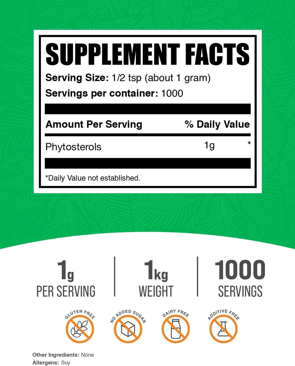 BulkSupplements.com Phytosterols Powder - Phytosterols Supplement, Beta Sitosterol Supplement - Sourced from Soy, Gluten Free, 1g per Serving, 1kg (2.2 lbs) (Pack of 1)