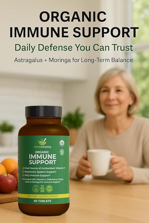 Organic Immune Support Supplement – Elderberry, Vitamin C, Astragalus, Ginger & Moringa – Daily Herbal Complex for Immune Health, Respiratory Defense & Antioxidant Protection - 60 Tablets