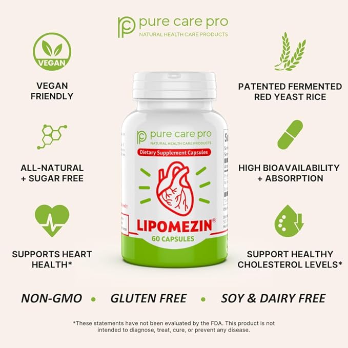 Pure Care Pro Synergistic Cholesterol Support Blend: Red Yeast Rice, Policosanol, Grape Seed & Lespedeza – 60 Vegetarian Capsules