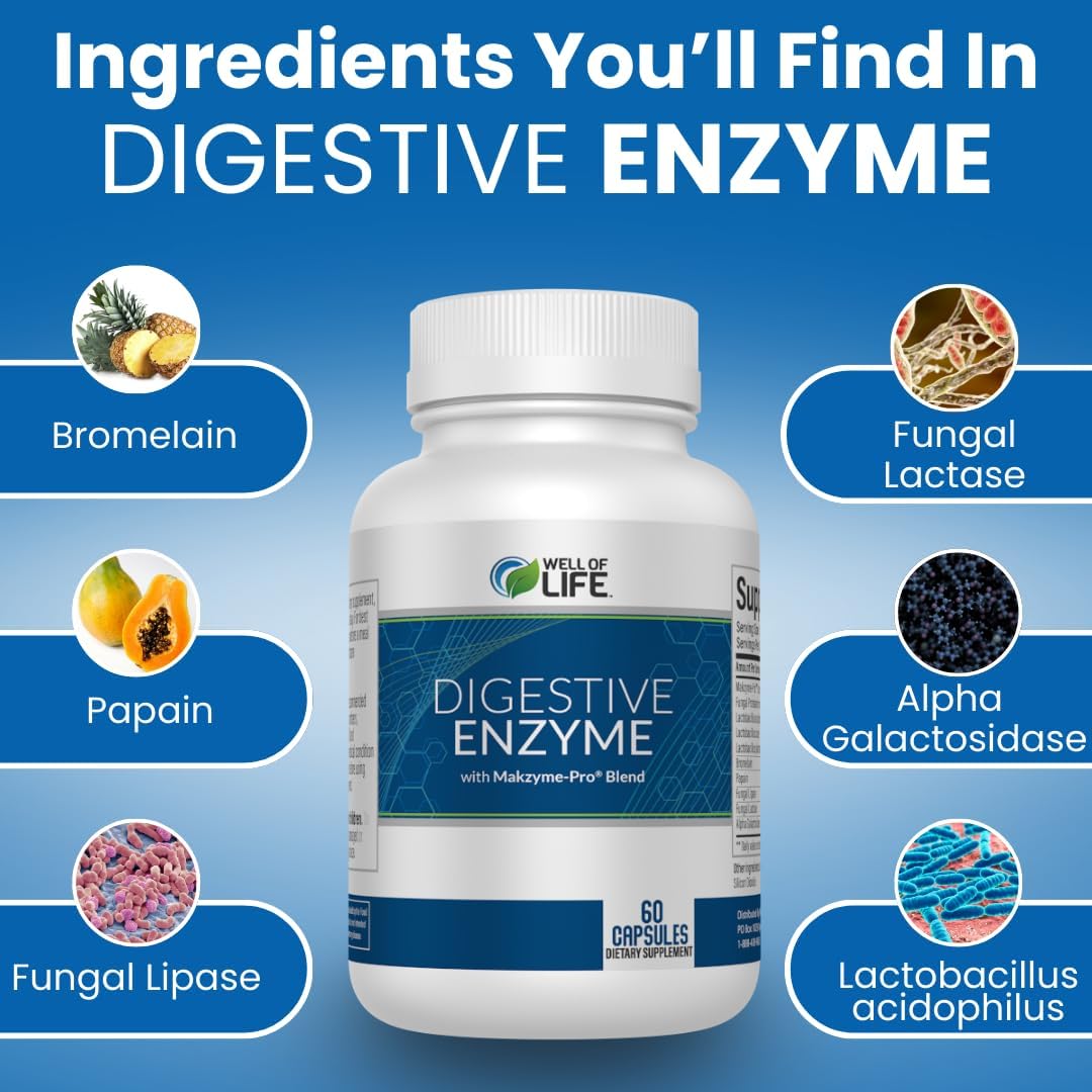 Well of Life Digestive Enzyme: 700mg, 60 Vegetarian Capsules, Enhance Digestive Health, Nutrient Absorption & Gut Health, Lactobacillus, Bromelain, Papain & More, All-Natural, Vegan, Made in USA