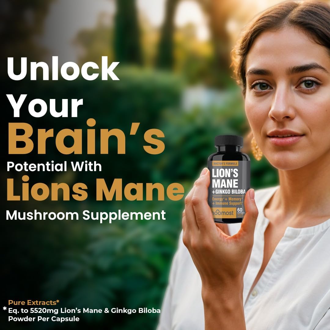 Lions Mane Supplement Organic Capsules - With Ginkgo Biloba - Cognitive Health, Focus & Memory Support - Natural Superfood for Brain, Energy & Immune Health - Non GMO- 60 Caps - 2 Month Supply