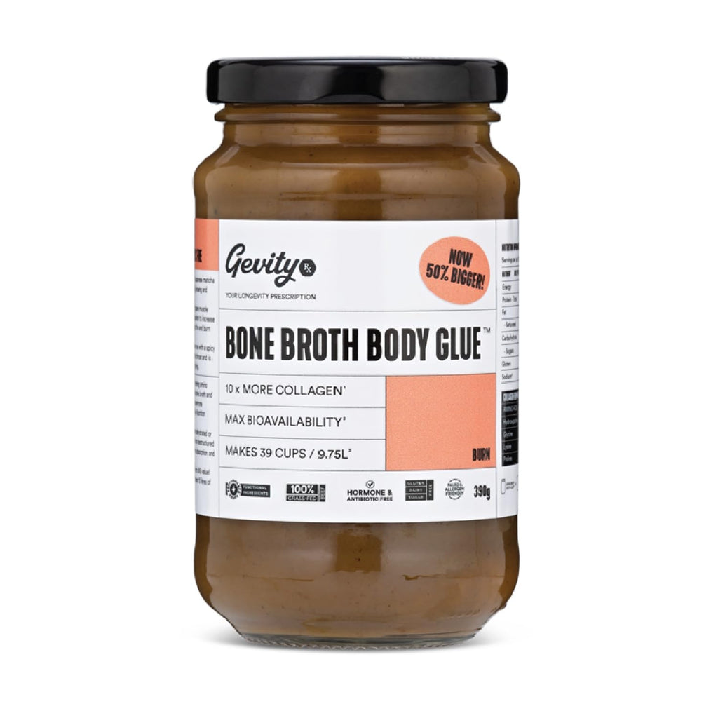 Gevity Rx Bone Broth Body Glue ® - BURN - Bone Broth - Concentrate - 10x more collagen* - 39 servings - Functional Ingredients - 100% Grass Fed Beef Bones- 9.75 Litres, 329 Fl. Oz. (13.75 Ounce, Burn)