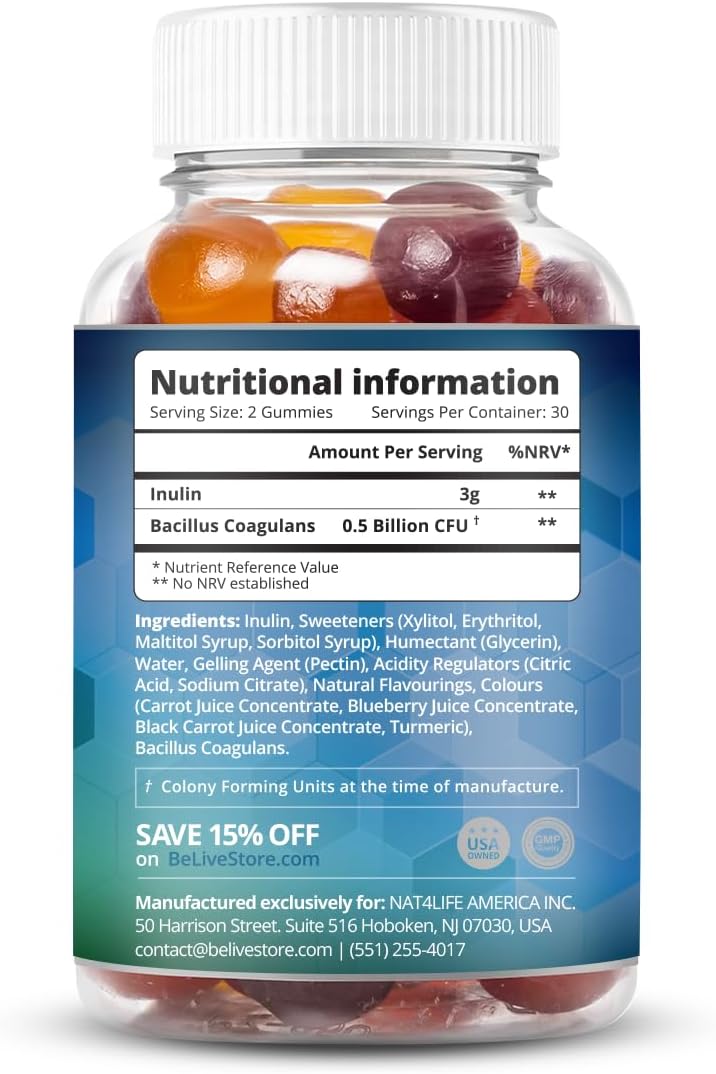 BeLive Synbiotics - Probiotic & Prebiotic Fiber Gummies – High Strength Inulin (3g), Dietary Fiber Supplement, Digestive Support for Kids & Adults - Strawberry, Lemon, Blueberry Flavor | 3-Pack