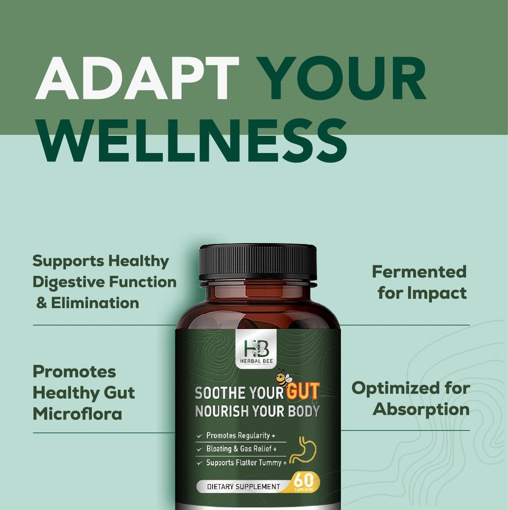 Herbal BEE Gut Health - Gas and Bloating Relief, Constipation, Leaky Gut Repair - Gut Cleanse & Restore Digestion - Promote Regularity, Colon Cleanser, 60 Capsules