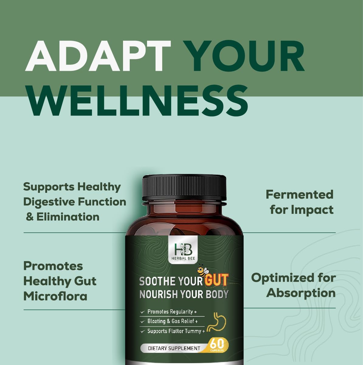 Herbal BEE Gut Health - Gas and Bloating Relief, Constipation, Leaky Gut Repair - Gut Cleanse & Restore Digestion - Promote Regularity, Colon Cleanser, 60 Capsules