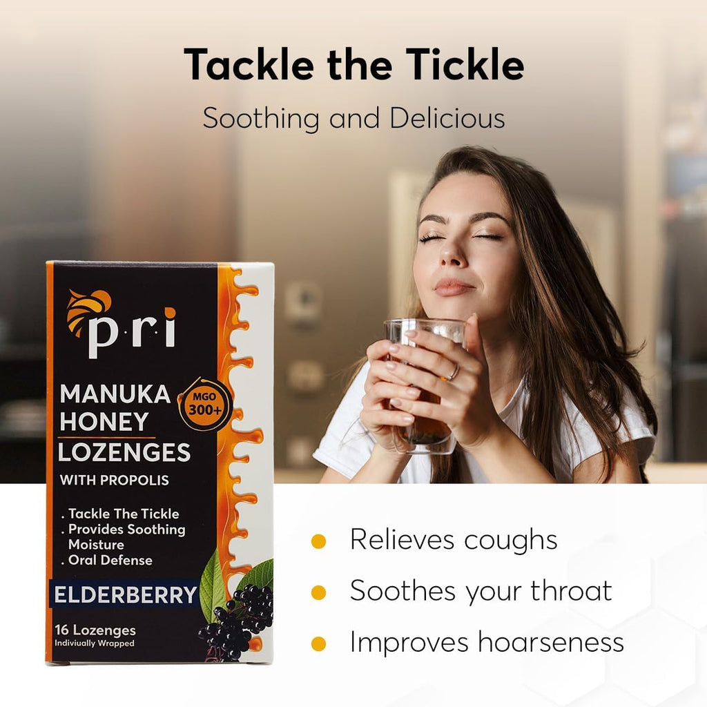 P.R.I Manuka Honey Lozenges with Propolis, Soothing Cough and Throat Drops, MGO 300+ Certified, (Elderberry, 16 Count)