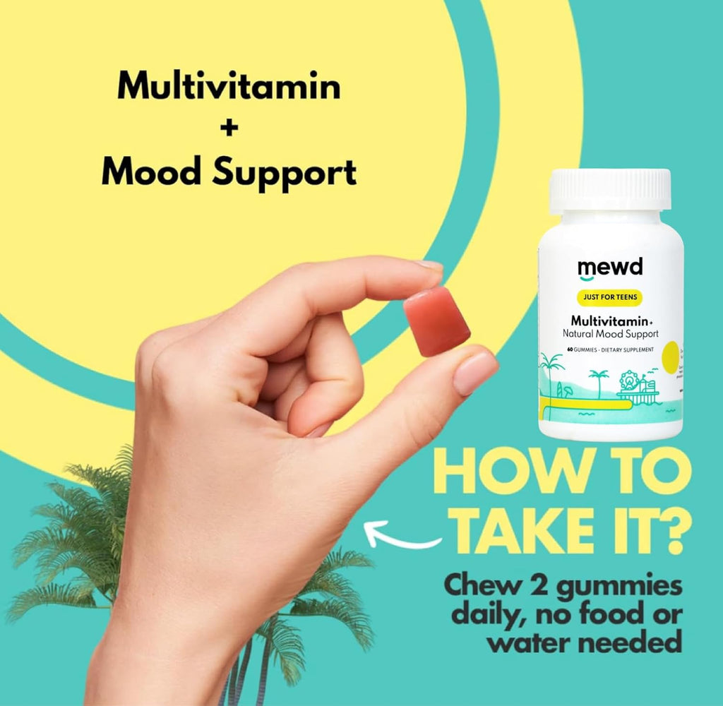 MEWD Teen/Kids Daily Multivitamin Gummy with Natural Mood Enhancer,Vegan,Immune System Booster Supplement,Kids Vitamin with Iron,Zinc,Gluten Free-Focus Vitamin for Kids-Brain Health-Made in USA