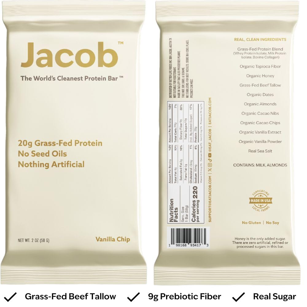 Jacob Bar, Protein Bars, Vanilla (9 Bars Total) - 20g Grass-Fed Protein, No Seed Oils, Nothing Artificial
