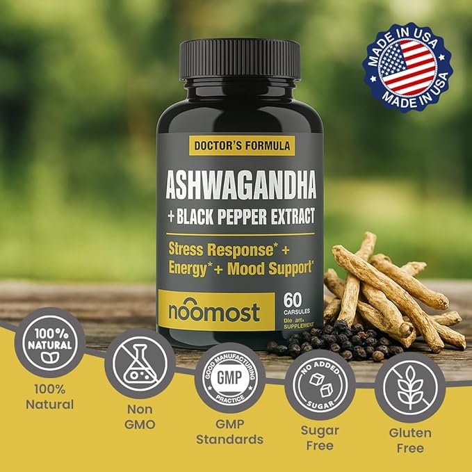 NooMost Ashwagandha Root Extract 15:1 with Black Pepper for Better Absorption - 60 Capsules - Natural Stress, Energy, Focus & Sleep Support - Adaptogen Supplement for Men & Women - Made in USA