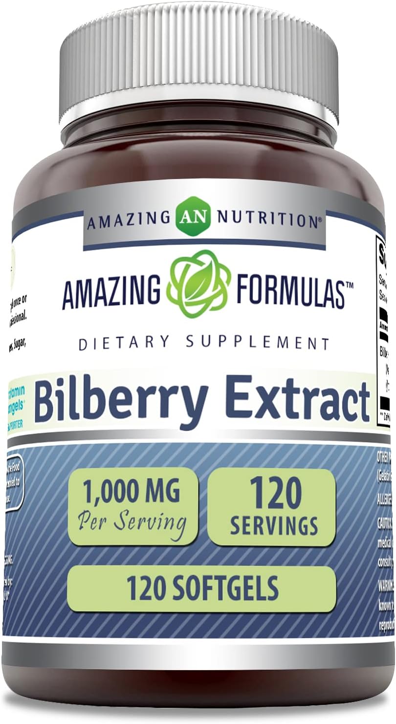 Amazing Formulas Bilberry Extract Supplement 1000 Mg 120 Softgels | Rich in Vitamins | Pure Extract of Bilberries