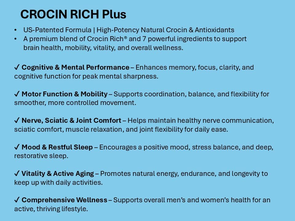 CROCIN RICH Plus: Memory, Focus, Clarity, & Vitality - Patented High Potency Brain Supplement for Cognitive & Motor Support, Balance, Mood, Sleep Quality - Neuroprotection, Healthy Aging - 60 Tablets