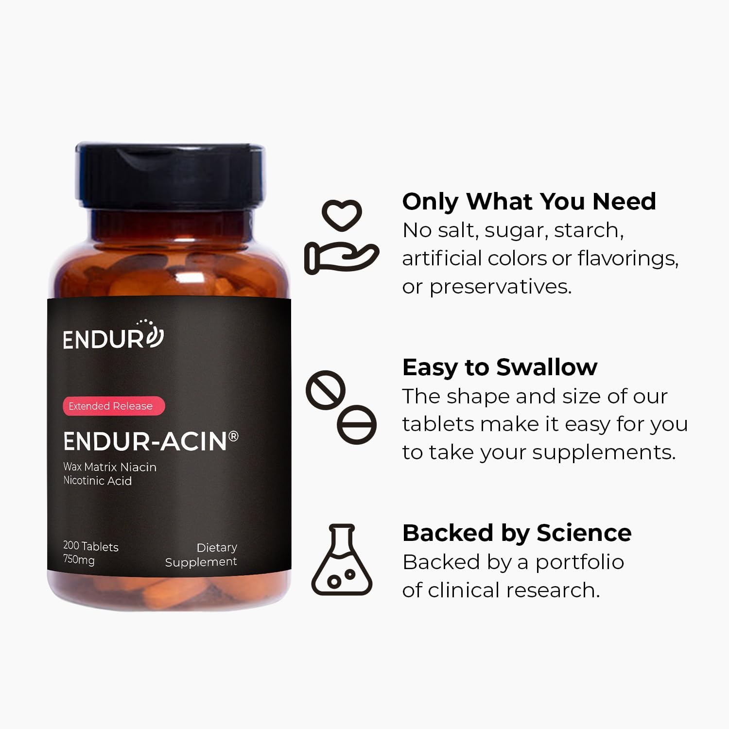 ENDUR-ACIN Niacin, Heart Health & Healthy Cholesterol Balance Supplement, Extended Release for Optimal Absorption, Gluten Free, 750mg (200 Tablets)