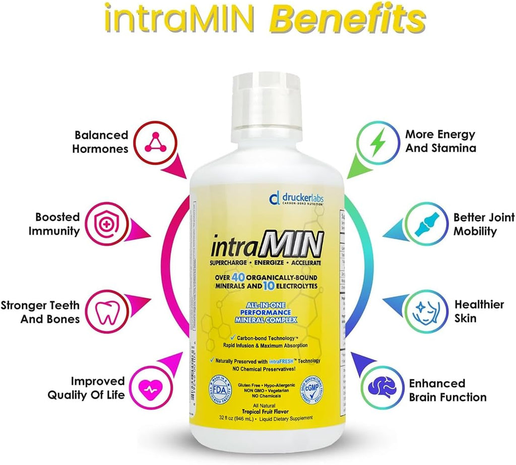 DRUCKER Labs - IntraMIN Organic Liquid Trace Minerals Dietary Supplement for Men, Women, Kids, Immune Support, Muscle Support, Non GMO, Gluten Free, Vegan, Electrolytes (32 oz., Tropical Fruit Punch)
