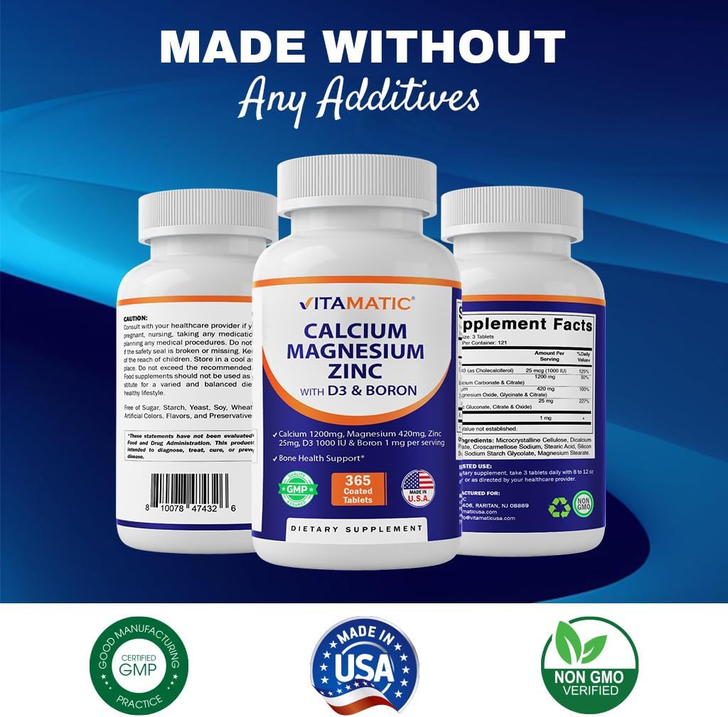 Vitamatic Calcium Magnesium Zinc D3 Boron | 365 Coated Tablets Supplement | Calcium 1200 mg, Magnesium 420mg, Zinc 25mg, Vitamin D3 1000 IU, Boron 1 mg | Non-GMO | Gluten Free | Made in USA