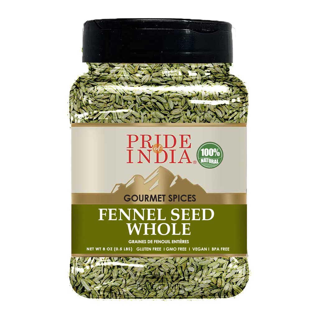 Pride of India – Fennel Seed Whole – Gourmet Spice – Fresh & Aromatic – Mouth Freshener – GMO/Gluten Free – Flavoring for bakes, meat & more – Easy to Use – 8 oz. Medium Dual Sifter Jar