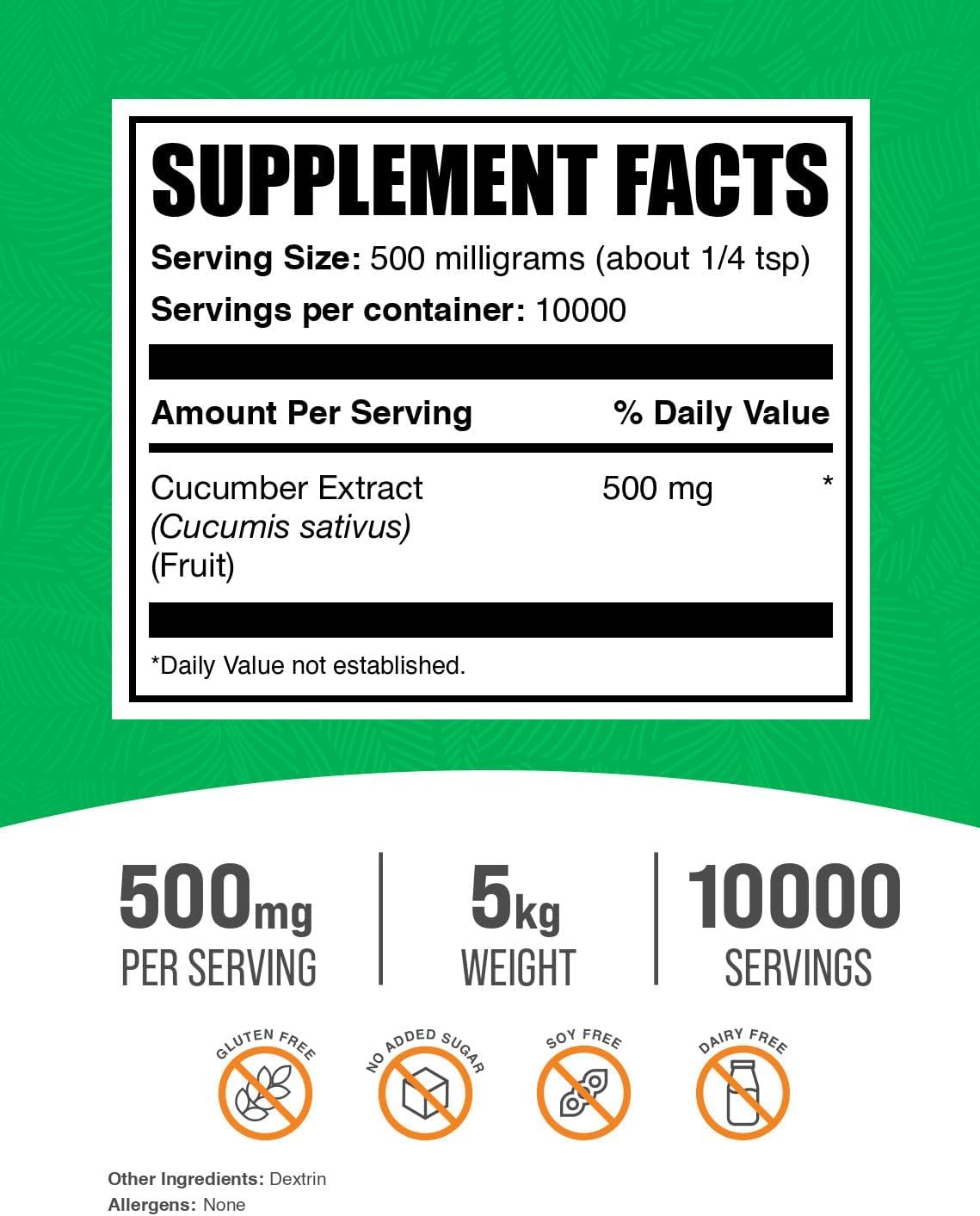BulkSupplements.com Cucumber Extract Powder - Cucumber Supplement, for Hydration - Vegan & Gluten Free, 500mg per Serving, 1kg (2.2 Pound) (Pack of 5)