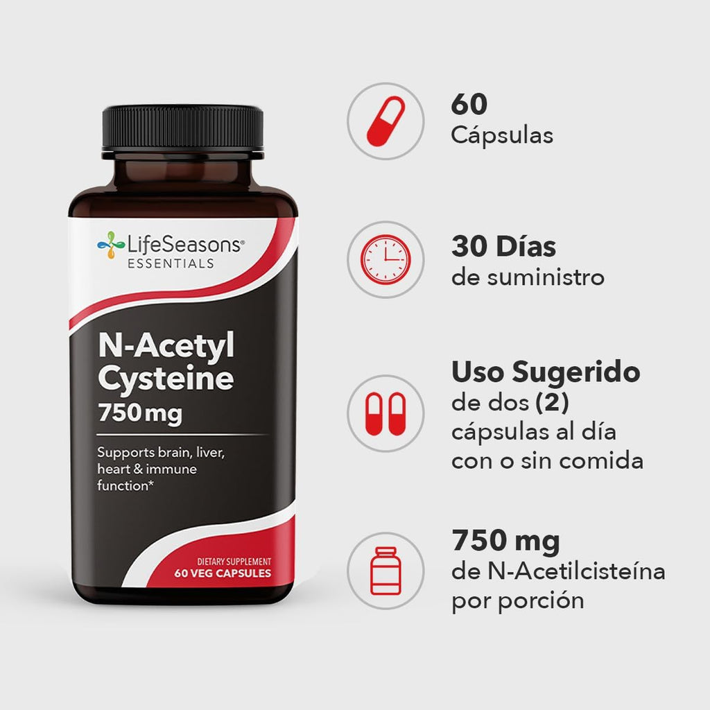 LifeSeasons N‑Acetyl Cysteine (NAC) 750 mg – Antioxidant & Detox Support Supplement – Glutathione Precursor, Immune & Respiratory Health, Liver & Cellular Protection – 60 Veg Capsules