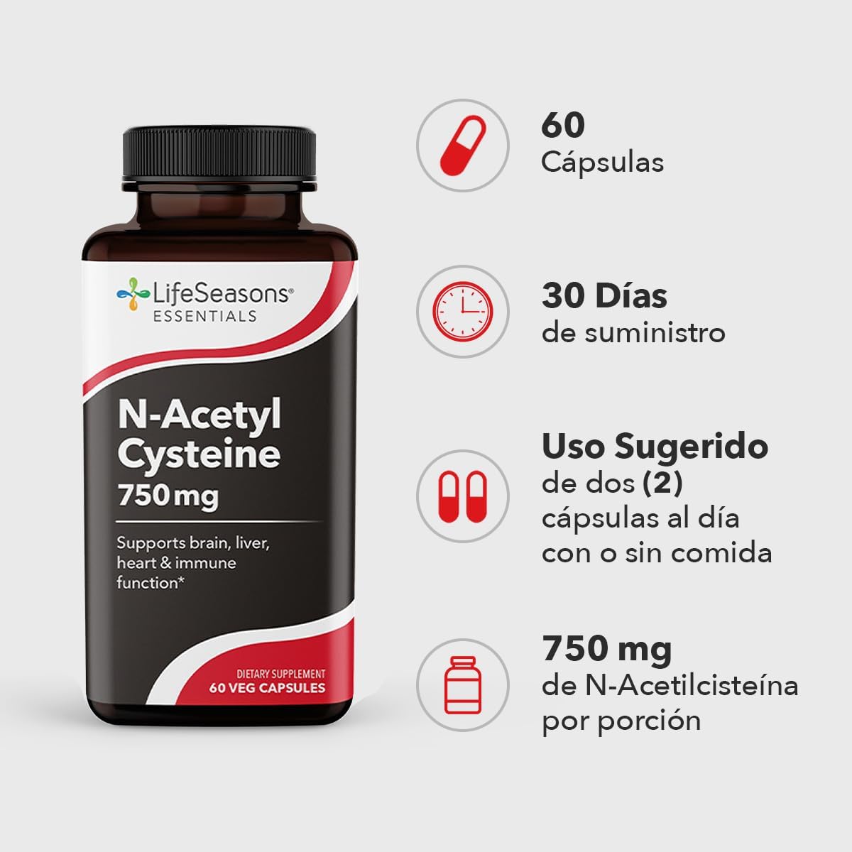 LifeSeasons N‑Acetyl Cysteine (NAC) 750 mg – Antioxidant & Detox Support Supplement – Glutathione Precursor, Immune & Respiratory Health, Liver & Cellular Protection – 60 Veg Capsules
