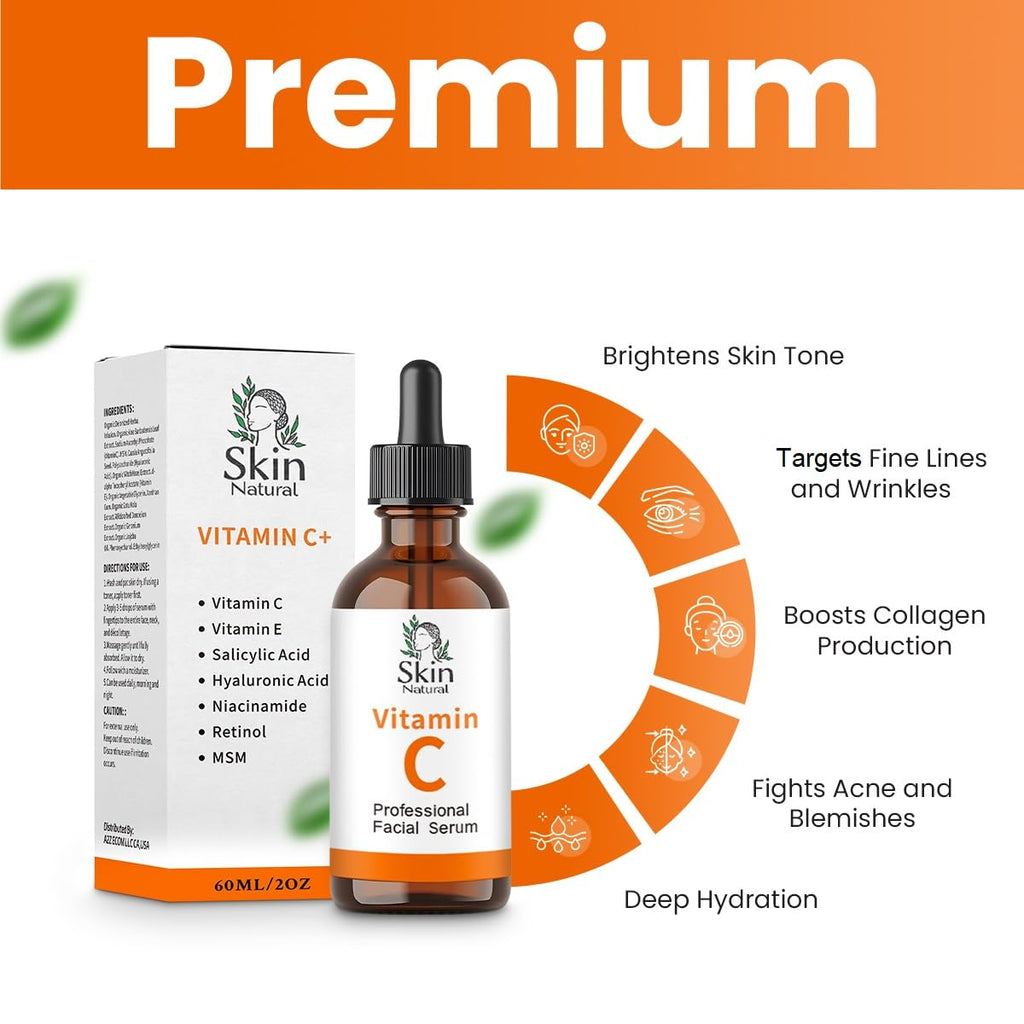 Skin Natural's Vitamin C Facial Serum - Anti-Aging, Brightening & Hydrating - Hyaluronic Acid, Retinol & Vit E - Fades Dark Spots - for All Skin Types, 2 Fl Oz