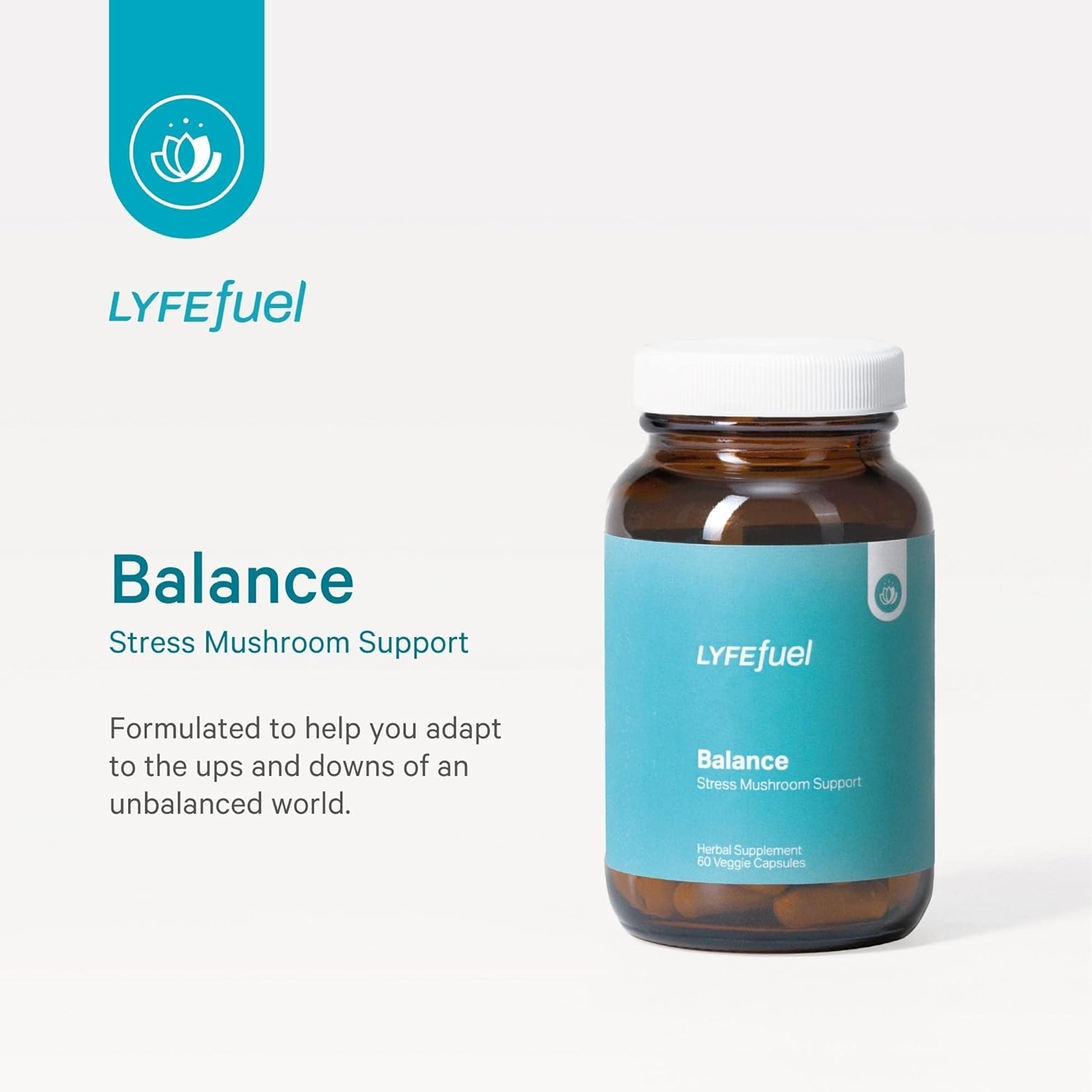 LyfeFuel Adaptogen Blend for Stress Relief - Whole Food Mushroom Supplement & Organic Herb Complex to Manage Cortisol | Lion’s Mane, TurkeyTail, Reishi, Ashwagandha | 60 Vegan Capsules