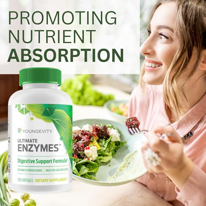 Youngevity Ultimate Enzymes® - Multi Enzymes for Digestion, Gas & Bloating Relief - Betaine HCl, Ox Bile, Pancreatine 10X, Papain 6M, Pepsin 1:3000 (120 Capsules - 4 Pack)