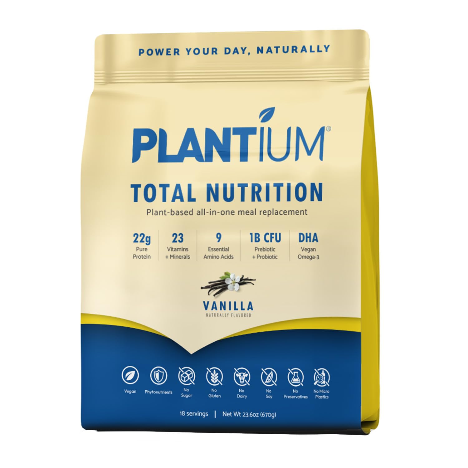 Plantium Total Nutrition, Premium All-in-One Meal Replacement Shake, Plant-Based Protein Powder with Vitamins, Minerals & Probiotics, 22g Protein per Serving, Vanilla