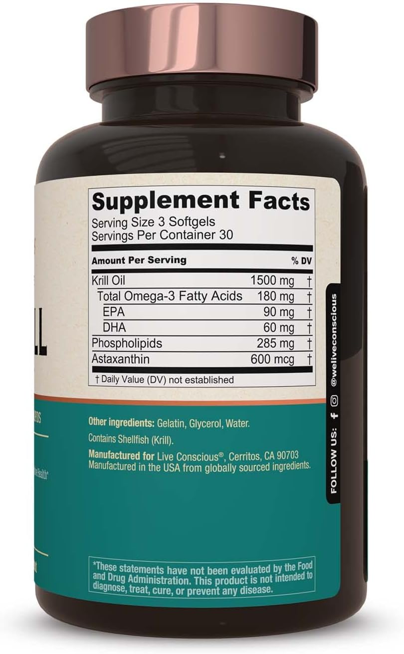 Live Conscious KrillWell, Joint, and Cognitive Support | Certified Sustainable Krill Oil 2X More Effective Than Fish Oil - (Pack of 2)