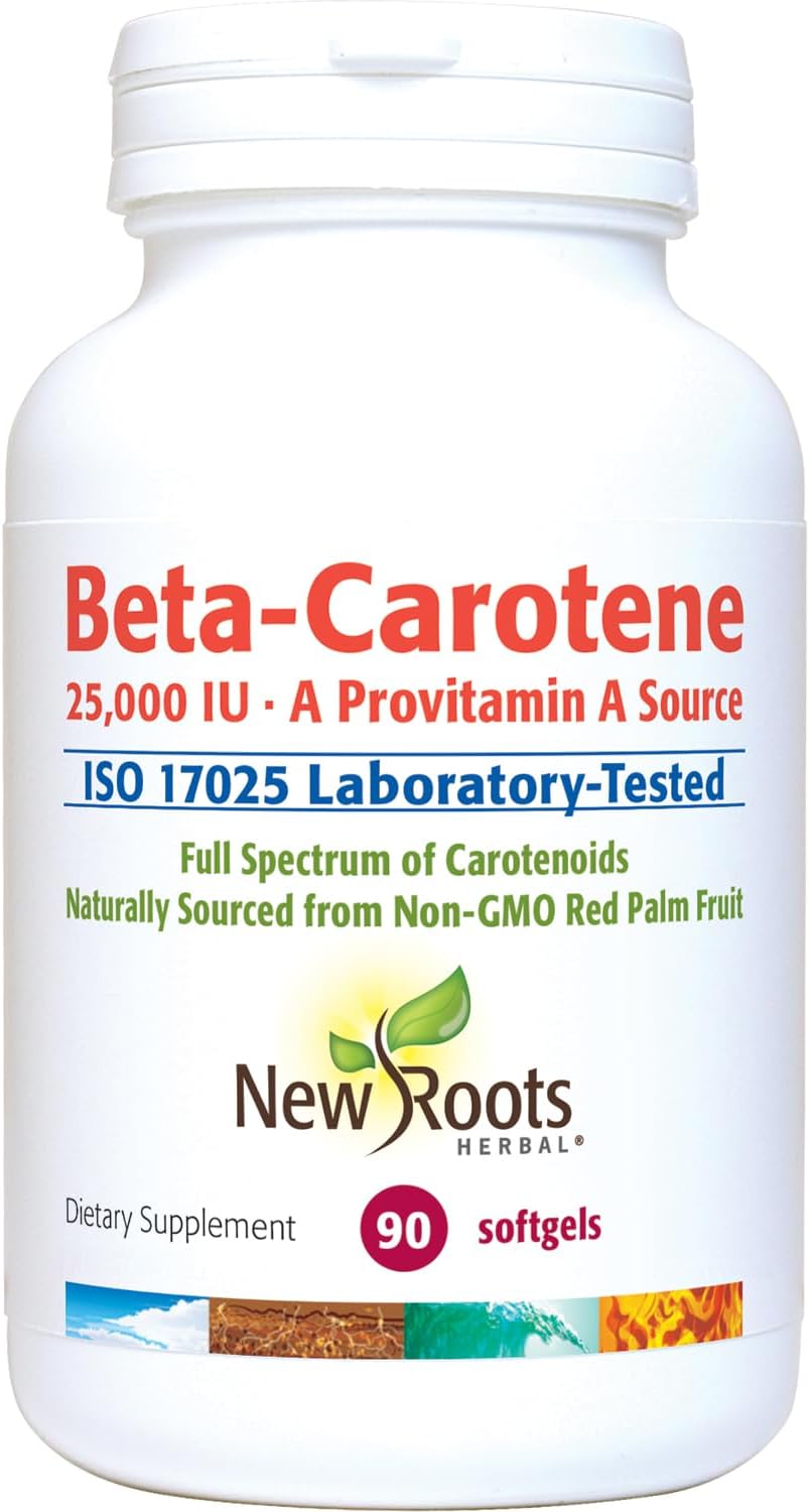 NEW ROOTS HERBAL Beta-Carotene 25,000 IU Supplements | Vitamin A (90 Softgels) | Full Spectrum of Carotenoids | Naturally Sourced from Non-GMO Red Palm Fruit + Organic Flax Seed Oil