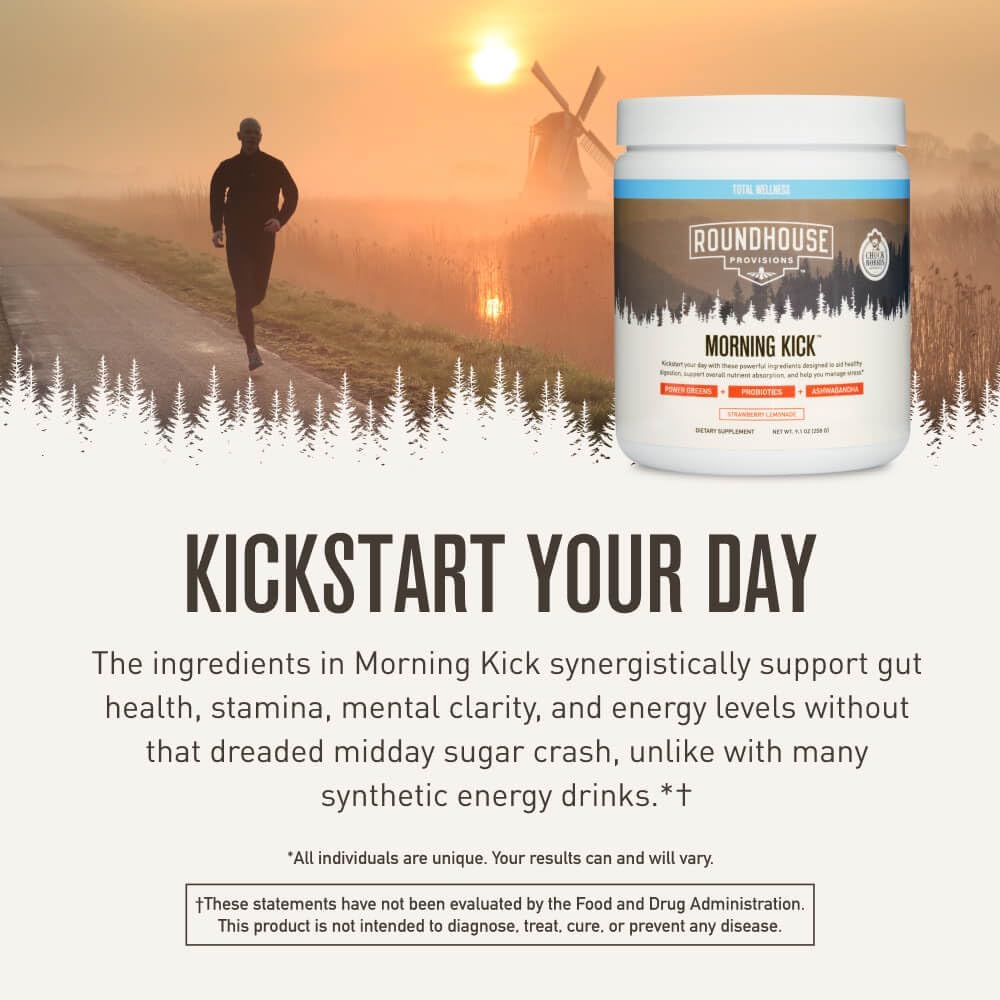 ROUNDHOUSE PROVISION Morning Kick, Zero Sugar Greens Superfood Powder Supplement with Ashwagandha, Collagen, Probiotics, Debloat Drink, (3 Pack, Strawberry Lemonade) by Chuck Norris