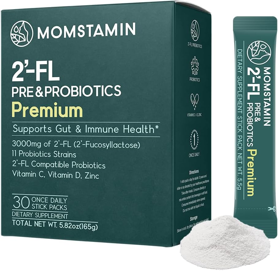 MOMSTAMIN Premium 3,000mg Human Milk Oligosaccharide (HMO 2'-FL) Prebiotic Probiotic Powder Supplement for Immunity Digestion Metabolism Gut Health, Clinically Researched (30 Sticks, 1 Month)