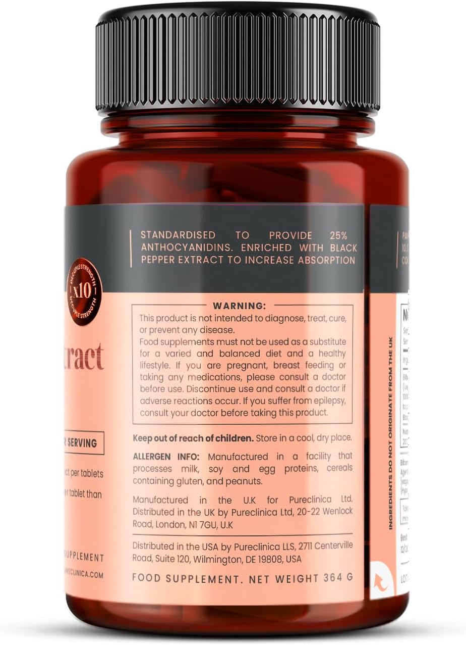 pureclinica Bilberry Extract 10,000mg x 1080 Tablets (6 Bottles of 180) - 10 X More anthocyanidins