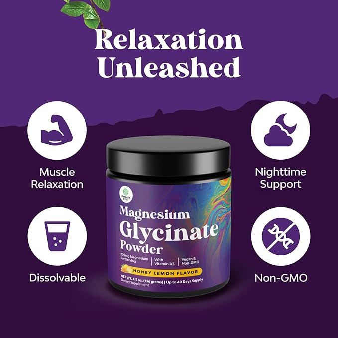 High Absorption Magnesium Glycinate Powder - Vegan Magnesium Powder for Sleep Relaxation & Regularity - Drink Mix Non-GMO Gluten Free & No Artificial Flavors (Honey Lemon) 80 Servings