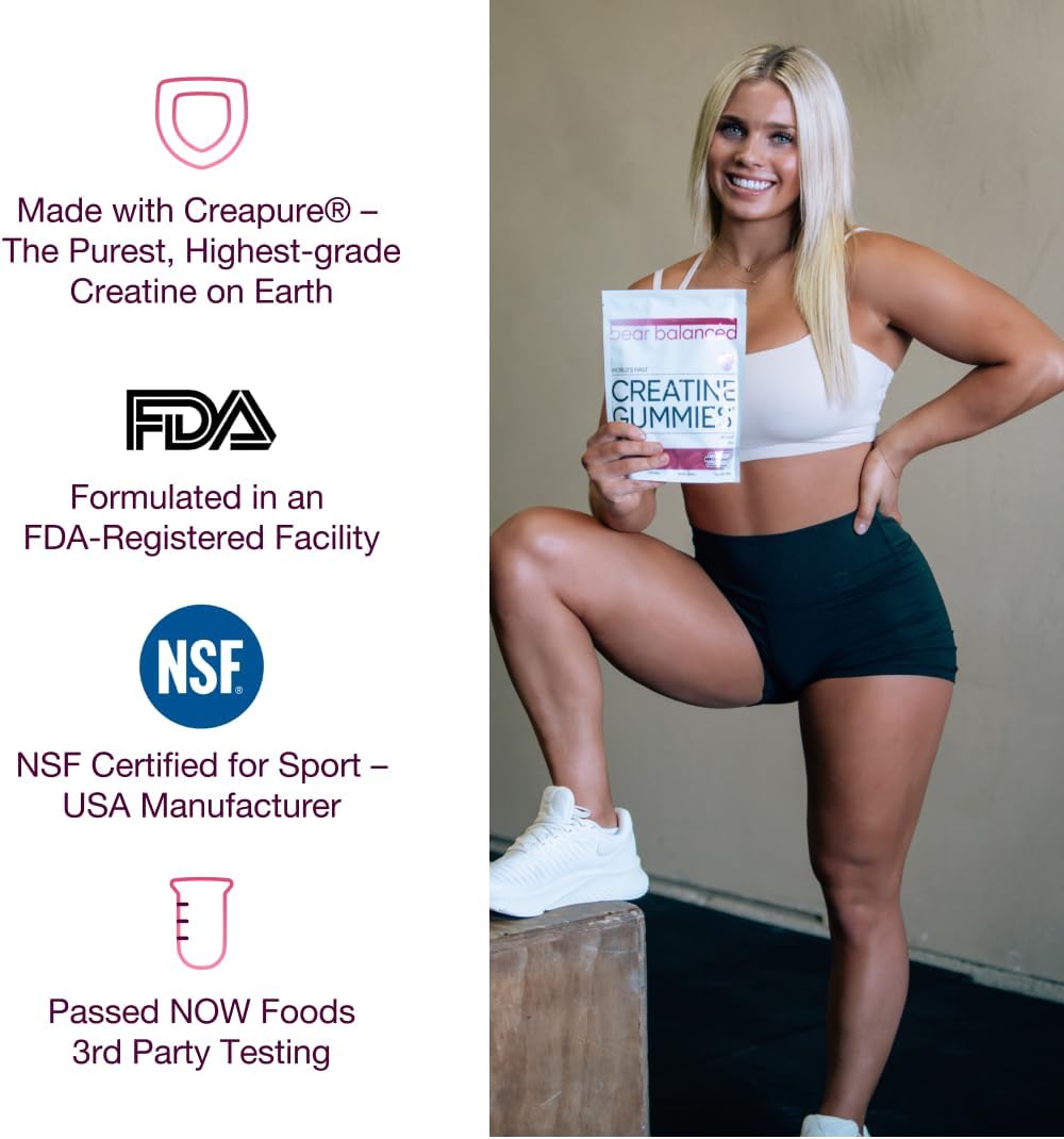 Bear Balanced Creatine Gummies for Men & Women - Creapure® Creatine Monohydrate, L-Theanine, L-Tyrosine & B12 for Muscle Growth, Strength, Focus, Energy & Health - Low Calorie, Sugar-Free, & Vegan