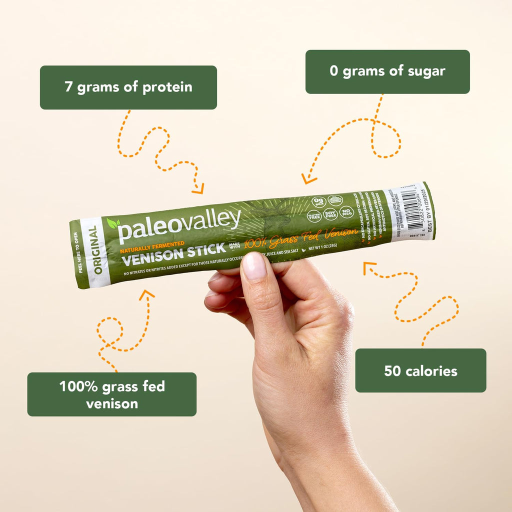 Paleovalley 100% Grass Fed Venison Sticks – 10 Pack – Keto-Friendly, High Protein, Low-Calorie Snack – Omega-3 Rich, Gluten-Free, Nitrate-Free, Naturally Flavored – Healthy On-the-Go Meat Snack