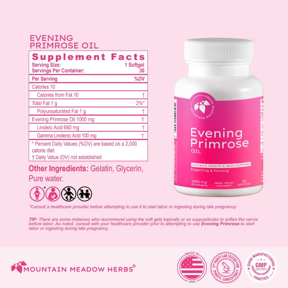 Mountain Meadow Herbs Evening Primrose Oil 1,000mg – Omega-6 Fatty Acids for Women’s Health, Supports Clear Skin & Hormonal Balance, Gluten-Free, Easy-to-Take Softgels (30 Count)