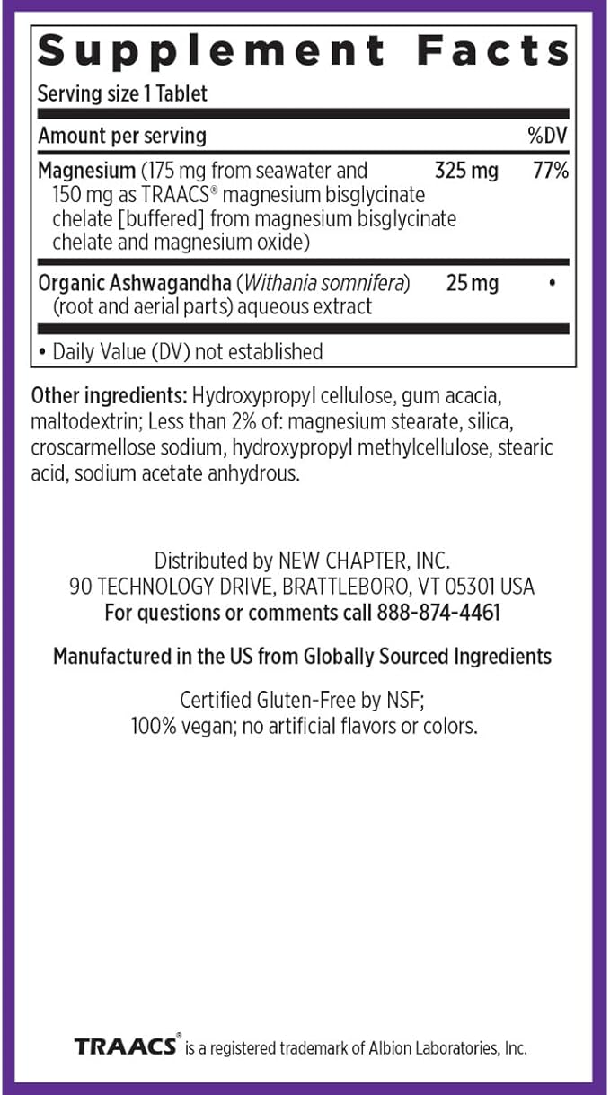 New Chapter Magnesium + Ashwagandha Supplement, 325 mg with Magnesium Glycinate for Muscle Relaxation & Recovery, Heart, Nerve & Bone Health, 2.5X Absorption, Non-GMO - 90 ct (3 Month Supply)