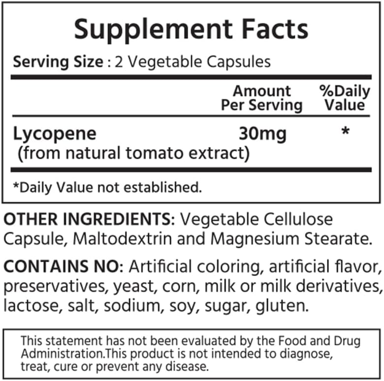 ML Naturals Natural Lycopene 30 mg 120 Vegetable Capsules. All-Natural from Tomatoes. Antioxidant & Immune Support, Cardiovascular Health & Prostate Health, NSF-Certified & cGMP-Compliant.