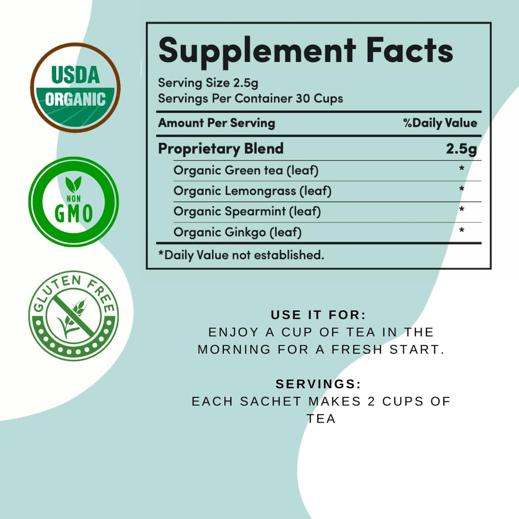 AutoimmuniTea –- AIP Energy Tea Blend, for Energy Boost, Cognitive Function, with Organic Green Tea, Lemongrass, and Spearmint - 15 Tea Bags (30 Cups)