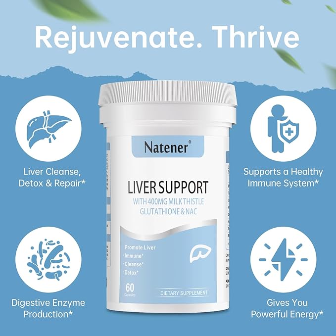 Liver Support with 200mg Milk Thistle, 100mg Glutathione, 100mg NAC, 150mg Tumeric, Dandelion, Artichoke, Liver Cleanse Detox & Repair, Supports Energy*, Immunity & Liver Health*, 60 caps